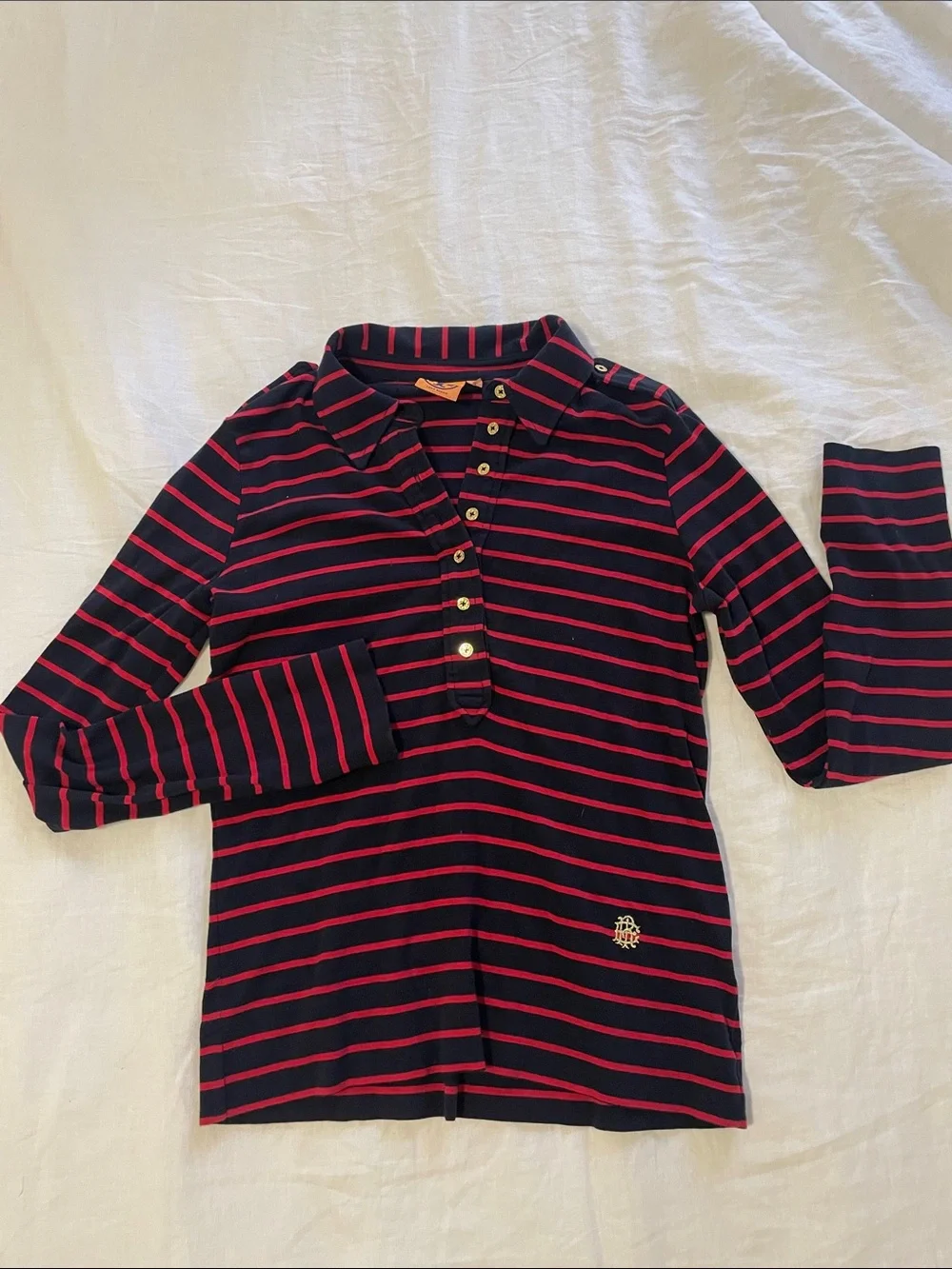 Tory Burch Long-Sleeve Polo Top in Navy with Pink Stripes